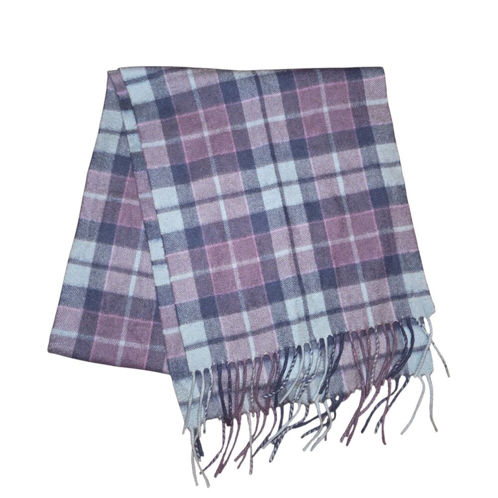 LOCHMERE 100% Cashmere Plaid Fringe Scarf Purple Blue  Luxury Winter Scottish